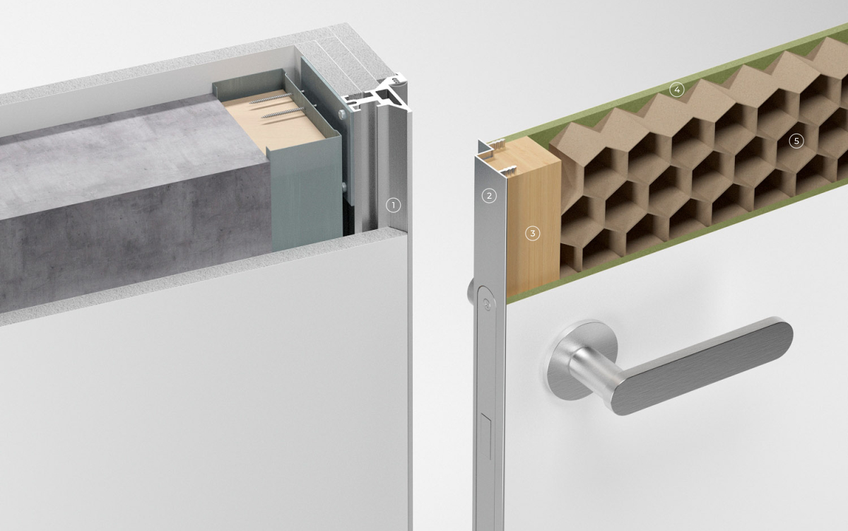 Конструктив дверей прихованого монтажу Invisible doors з торцевим профілем. Конструктив дверей прихованого монтажу Invisible doors з торцевим профілем.