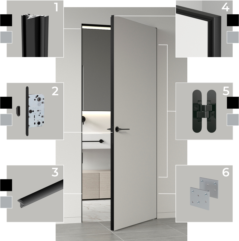 Комплектація дверей прихованого монтажу Invisible doors з торцевим профілем. Комплектація дверей прихованого монтажу Invisible doors з торцевим профілем.